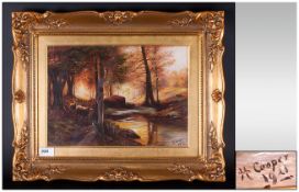 Henry Cooper, Active 1910 - 1935 ' Stags and Deer ' In a Forest Setting, Oil on Canvas. Signed and