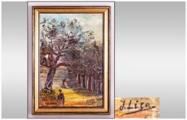 Oil Painting On Panel Titled 'Algarve' siged J.Liza Depicting figures. Cork Cutting in gilt frame.