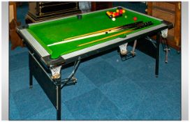 Green Felt Pool Table. Overall Size 43x74 Inches, Complete With 4 Cues And Set Of Pool Balls