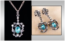 Edwardian - Silver Set Aquamarine and Paste Set Pendant & Chain, with Matching Pair of Drop