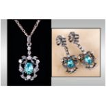 Edwardian - Silver Set Aquamarine and Paste Set Pendant & Chain, with Matching Pair of Drop