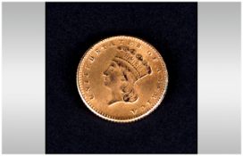 American Gold Indian Princess One Dollar Coin - Date 1862. Weight 1.7 grams. Grade Good. Mint