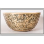 Chinese Swinging Brass Bowl Temple Gong, cast and engraved to the body with figures doing yoga in