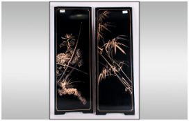 Japanese - Vintage Pair of Black Lacquer Wood Wall Panels with Mother of Pearl and Abalone Applied