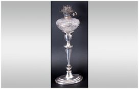 Victorian - Early Silver Plated and Cut Glass Twin Wicks Oil Table Lamp. c.1890's. By Evered & Co.