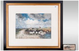 Bottomley Watercolour Drawing of Sheep and a Drover Down a Moorland Path at Nightfall. Framed and