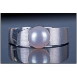 German 8ct White Gold Pearl Ring, Set with a Single Pearl, the Broad Band in Brushed and Polished