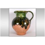 French Provincial Studio Pottery Jug. Top half brown & green drip glaze. Marked