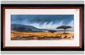 Framed and Glazed Gouache Drawing of the African Mountain Plane. Signed by Danjoro. 10 by 24
