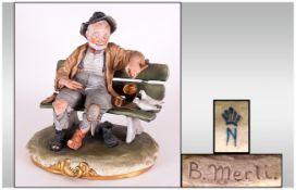 Capodimonte Early and Signed Figure ' Good Hearted Tramp on a Bench ' Signed Bruno Merli.