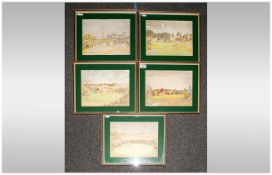 Set of Five Ionicus Golfing Framed Watercolour Drawings Titled 'The Sixth Hole, Royal Birkdale,