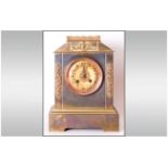 Japy Freres French Gilt Brass Mantle Clock of Square Form, with a Turret Shaped Top with Fretwork