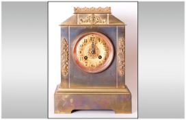 Japy Freres French Gilt Brass Mantle Clock of Square Form, with a Turret Shaped Top with Fretwork
