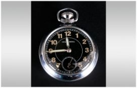 Ingersoll Triumph - Vintage Chrome Cased Open Faced Pocket Watch. Black Dial, Green Fingers and