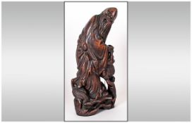 Chinese 19th Century Figural Root Wood Carving of The Deity Show. Carrying a Basket of Fruit,