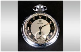Services - Vintage Chrome Cased Open Faced Pocket Watch, White Dial with Green Numerals. New