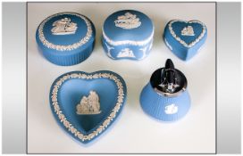 Wedgewood Jasper ware ( 5 ) Pieces In Total. 3 Lidded Trinket Boxes, 1 Heart Shaped Small Ring Tray,