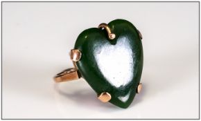 A Vintage 18ct Gold Set - Fine and Heart Shaped Jade Ring. Marked 18ct.