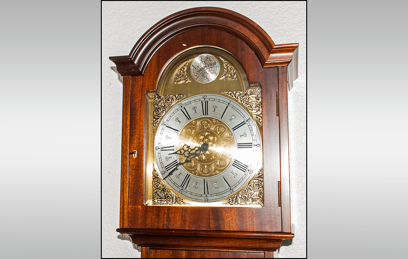 Reproduction Arched Brass Dial Glazed Front Grandfather Clock