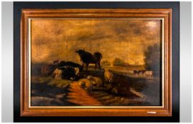 19th Century Oil Castle & Sheep In A Meadow, oil on canvas, unsigned. 15.5x23.5'' framed.