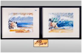 Pair of Modern German Abstract Watercolours, Depicting Sea Landscapes. Monogrammed N.S S.H 89.