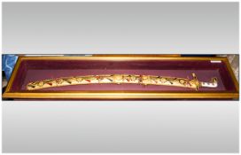 Replica Middle Eastern Gold Plated Malnuk Sword in glazed wall case. 45'' in width, 10'' in