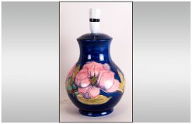 Moorcroft Fine Hand Painted Large Lamp Base, Pink Magnolia Design on Blue Ground. c.1970's.