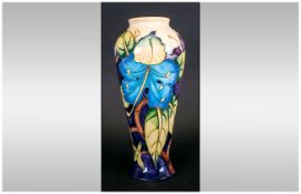 Moorcroft Fine Modern Vase Blue, Purple and Green Leaf's Design. Date 2003. Stands 8.25 Inches High.