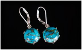 Arizona Blue Turquoise Drop Earrings, 10.5cts of Mojave Desert turquoise in solitaire, round cut