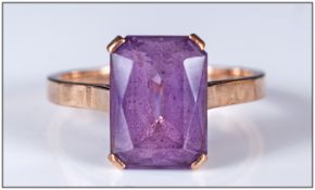 Ladies 9ct Gold Set Single Stone Emerald Cut Amethyst Ring, Marked 9ct. The Amethyst of good colour.