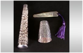 Three Silver Items Comprising Parasol Handle & Tot Measure (Both Unmarked) Together With A Modern