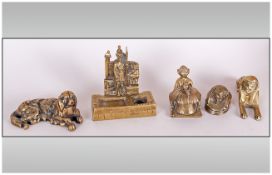 Five Novelty Cast Brass Inkwells Sphinx, Scarab, Reclining Dog, Elf & Toadstool, Beefeater.