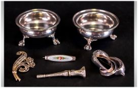 A Small Collection of Antique Silver Items, Including a Pair of Fine Silver Salts, with Ball and