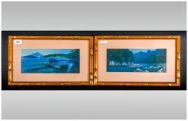 A Pair of Oil on Boards, signed by a Japanese Artist. Depicting river scenes with figures. In gilt