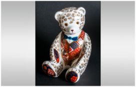 Royal Crown Derby Ltd Edition Paperweight ' Teddy Bear ' Blue Bow Tie, Red Imari Waistcoat with Blue