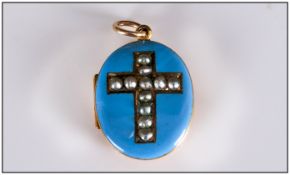 Mid Victorian - Ornate 9ct Gold and Enamel Oval Locket. The Central Cross Set with Seed Pearls. 1.25