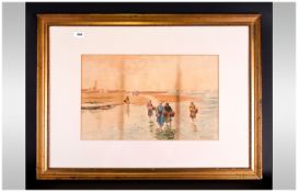 A Watercolour Drawing Of 'Cockle Pickers' Walking Down The Sea Front with baskets. Shipping