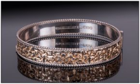 Silver Hinged Bangle, With Textured Decoration And Rope Twist Edge, Fully Hallmarked For