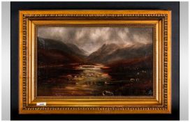 H.C.Fox Stormy River Landscape At Dusk With Sheep Grazing On The River Bank, oil on canvas,