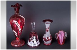 Cranberry Glass Vase Together With A Mary Gregory Bell, Paperweight And Acid Etched Vase
