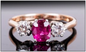 18ct Gold and Platinum Ruby and Diamond 3 Stone Ring, The Ruby of Excellent Colour. Marked 18ct