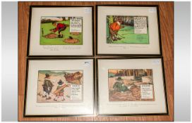 Four Charles Crombie Coloured Golfing Prints, framed and mounted behind glass.  Print size 9 by 6