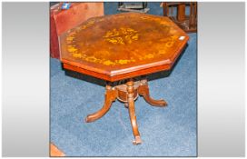 Victorian Walnut Hexagonal Top Inlaid Centre Table the top with a floral decoration. Supported on