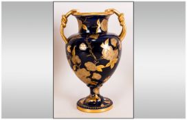 Davenport Longport Hand Decorated Two Handle Vase. c.1870-1886. Printed Mark to Underside. Gold