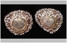 Victorian Pair of Silver Bon Bon Dishes with Pierced Work Sides, Raised on 3 Ball Feet. Hallmark