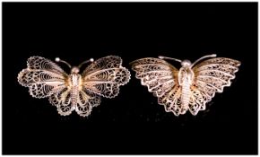 Two Finely Worked Filigree Silver Brooches, In The Form of Butterflies. Marked 800. 1.5 Inches