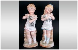 German/Huebach Fine Pair Of Handpainted 19th Century Bisque Figures, Schutz mark, Huebach to base.