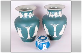 Pair Of Dudson Jasperware Vases, raised classical scenes of classical figures with grape vine