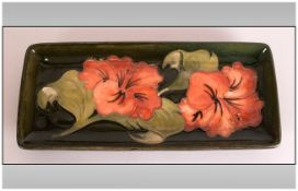 Moorcroft Rectangle Shaped Pin Tray 'Coral Hibiscus' On Green Ground, 8'' in width. Excellent