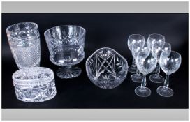 Collection Of Glassware Comprising 6 Hock Wine Glasses, cut glass vase, jar & cover, oval dish &